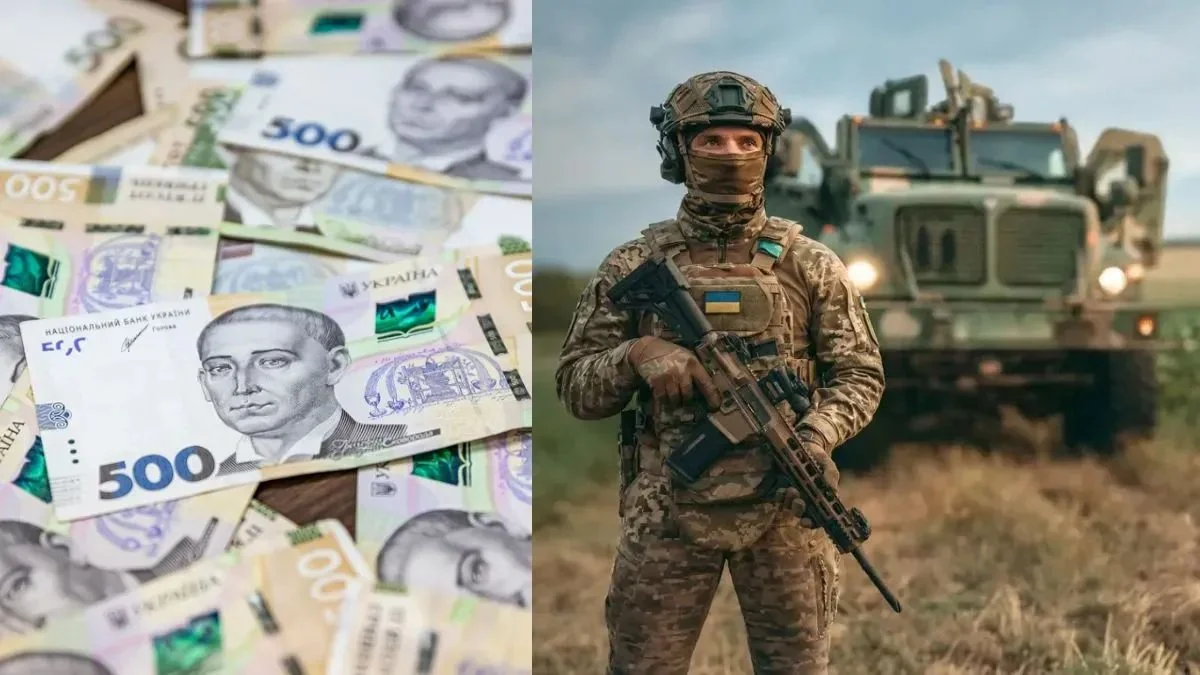 Украинские гривны номиналом 500 грн и военнослужащий ВСУ в тылу с автоматом на фоне военной техники — иллюстрация доплаты 10 тысяч гривен тыловикам